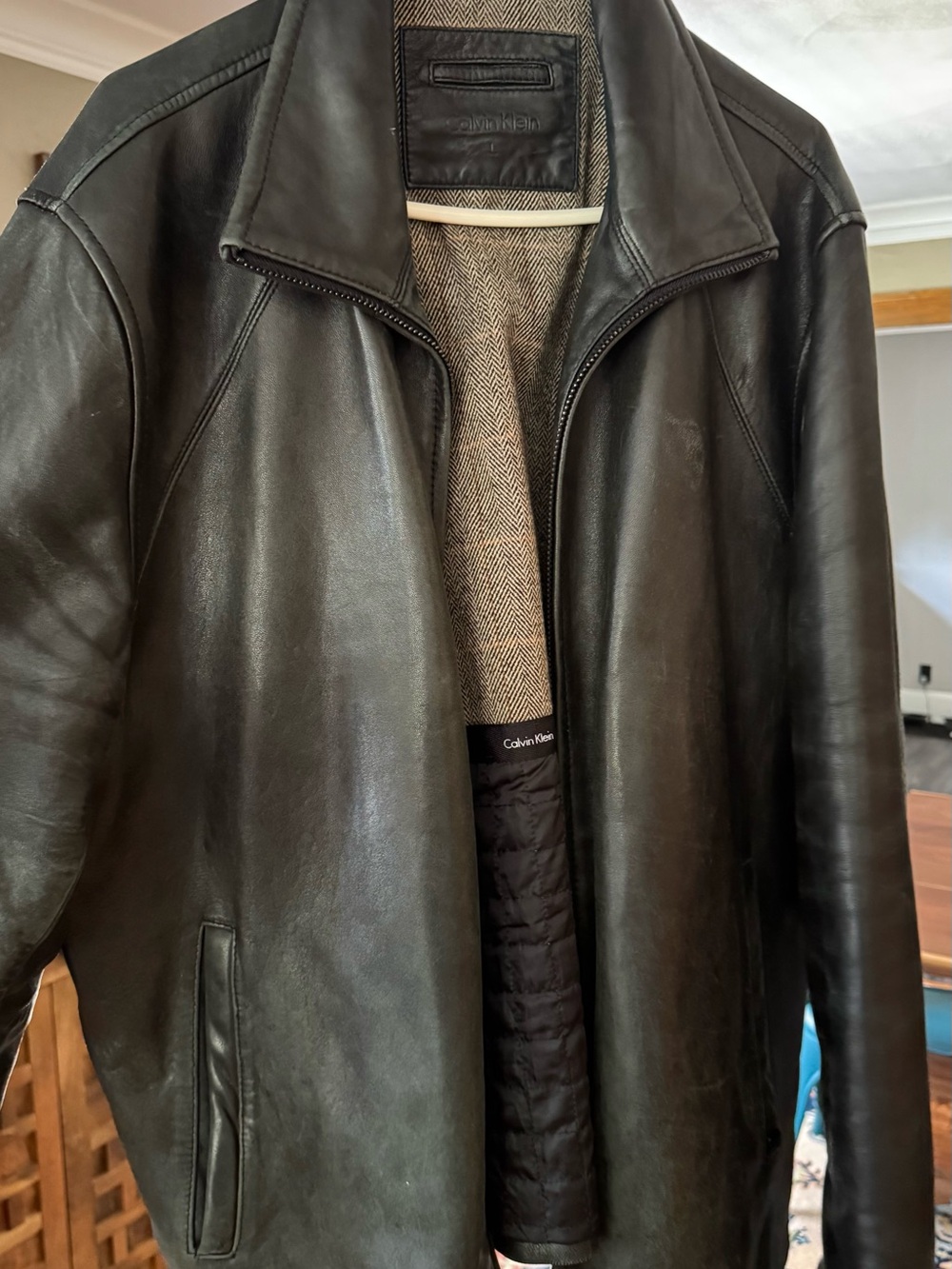 Calvin Klein Black Leather Bomber Jacket